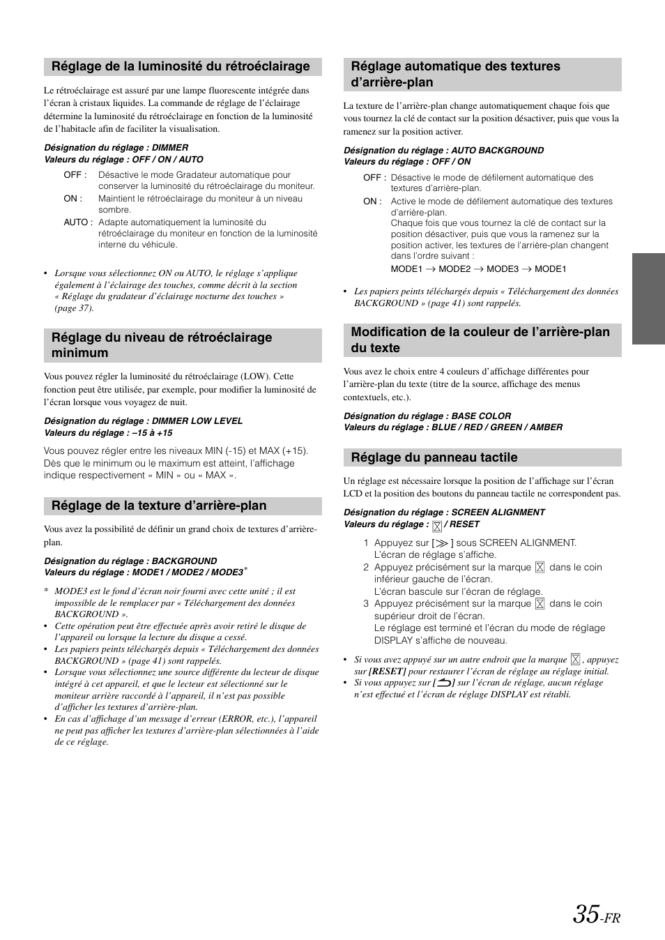Réglage de la luminosité du rétroéclairage, Réglage du niveau de rétroéclairage minimum, Réglage de la texture d’arrière-plan | Réglage automatique des textures d’arrière-plan, Réglage du panneau tactile, Réglage de la luminosité du, Rétroéclairage, Réglage du niveau de rétroéclairage, Minimum, D’arrière-plan | Alpine IVA-W505 User Manual | Page 132 / 284
