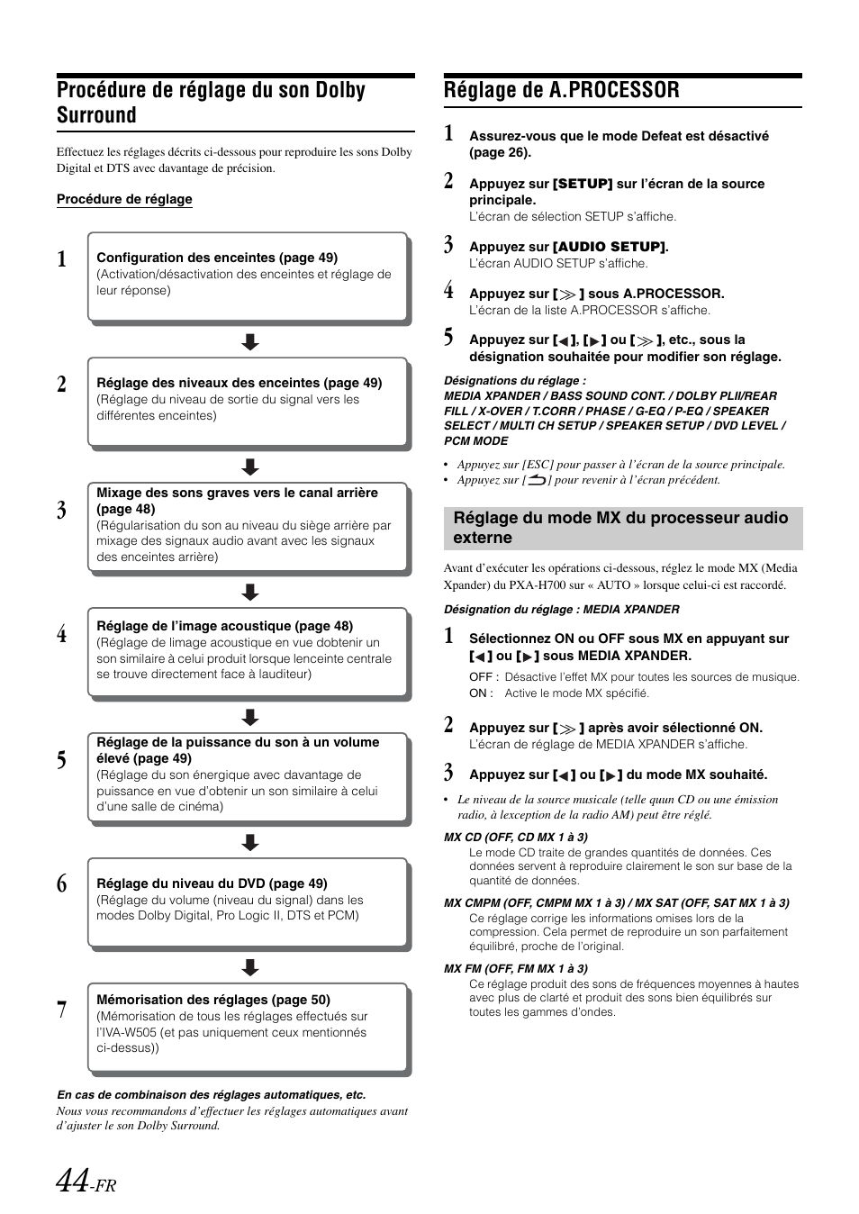 Procédure de réglage du son dolby surround, Réglage de a.processor, Réglage du mode mx du processeur audio externe | Procédure de réglage du son, Dolby surround | Alpine IVA-W505 User Manual | Page 141 / 284