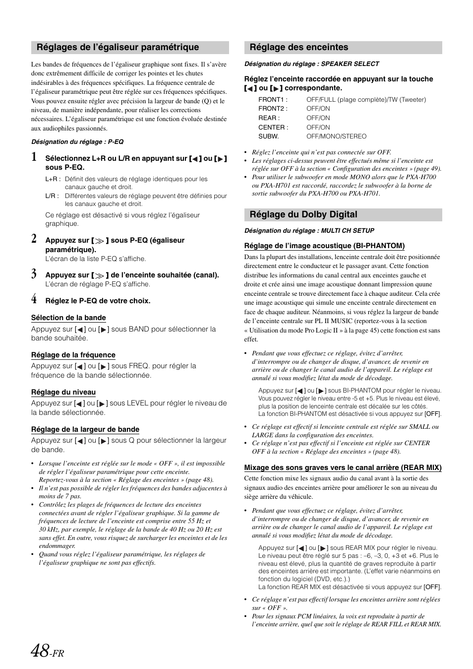 Réglages de l’égaliseur paramétrique, Réglage des enceintes, Réglage du dolby digital | Alpine IVA-W505 User Manual | Page 145 / 284