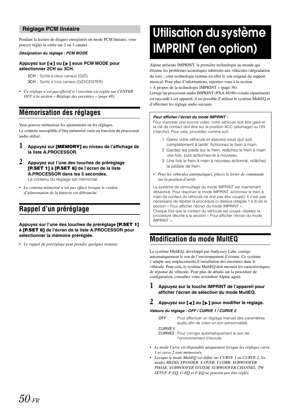 Réglage pcm linéaire, Mémorisation des réglages, Rappel d’un préréglage | Utilisation du système imprint (en option), Modification du mode multeq, Utilisation du système imprint, En option) | Alpine IVA-W505 User Manual | Page 147 / 284