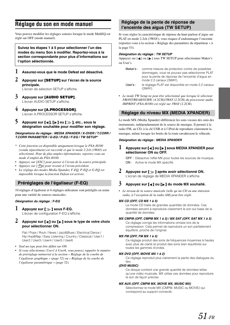 Réglage du son en mode manuel, Préréglages de l’égaliseur (f-eq), Réglage du niveau mx (media xpander) | Des aigus (tw setup), Réglage du niveau mx, Media xpander) | Alpine IVA-W505 User Manual | Page 148 / 284