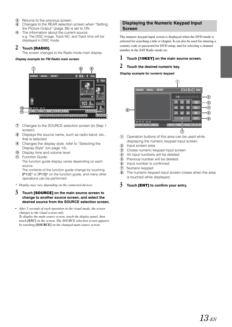 Displaying the numeric keypad input screen, Displaying the numeric keypad input, Screen | Alpine IVA-W505 User Manual | Page 15 / 284