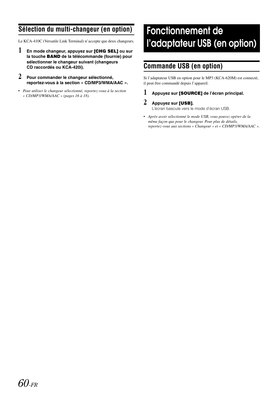 Sélection du multi-changeur (en option), Fonctionnement de l’adaptateur usb (en option), Commande usb (en option) | Fonctionnement de l’adaptateur usb, En option) | Alpine IVA-W505 User Manual | Page 157 / 284