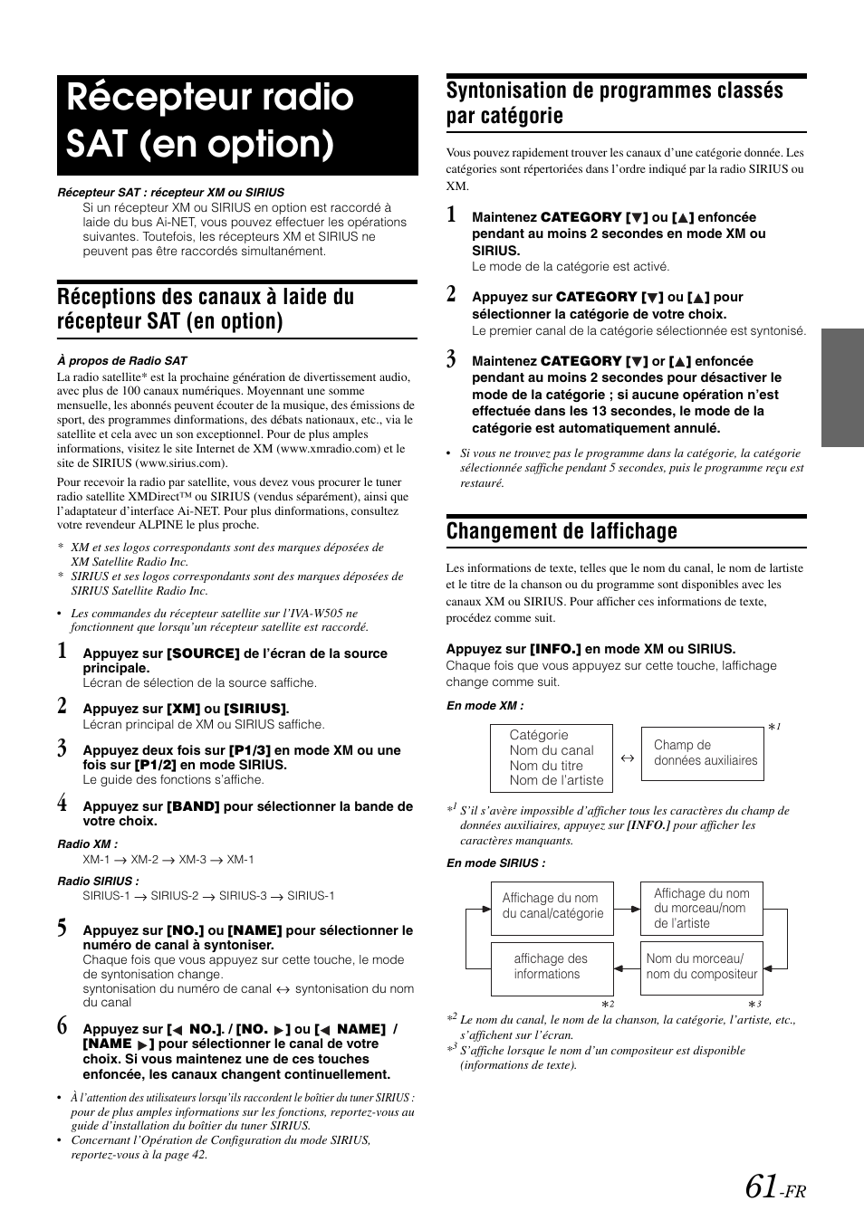 Récepteur radio sat (en option), Syntonisation de programmes classés par catégorie, Changement de laffichage | Réceptions des canaux à laide du récepteur, Sat (en option), Syntonisation de programmes classés par, Catégorie | Alpine IVA-W505 User Manual | Page 158 / 284
