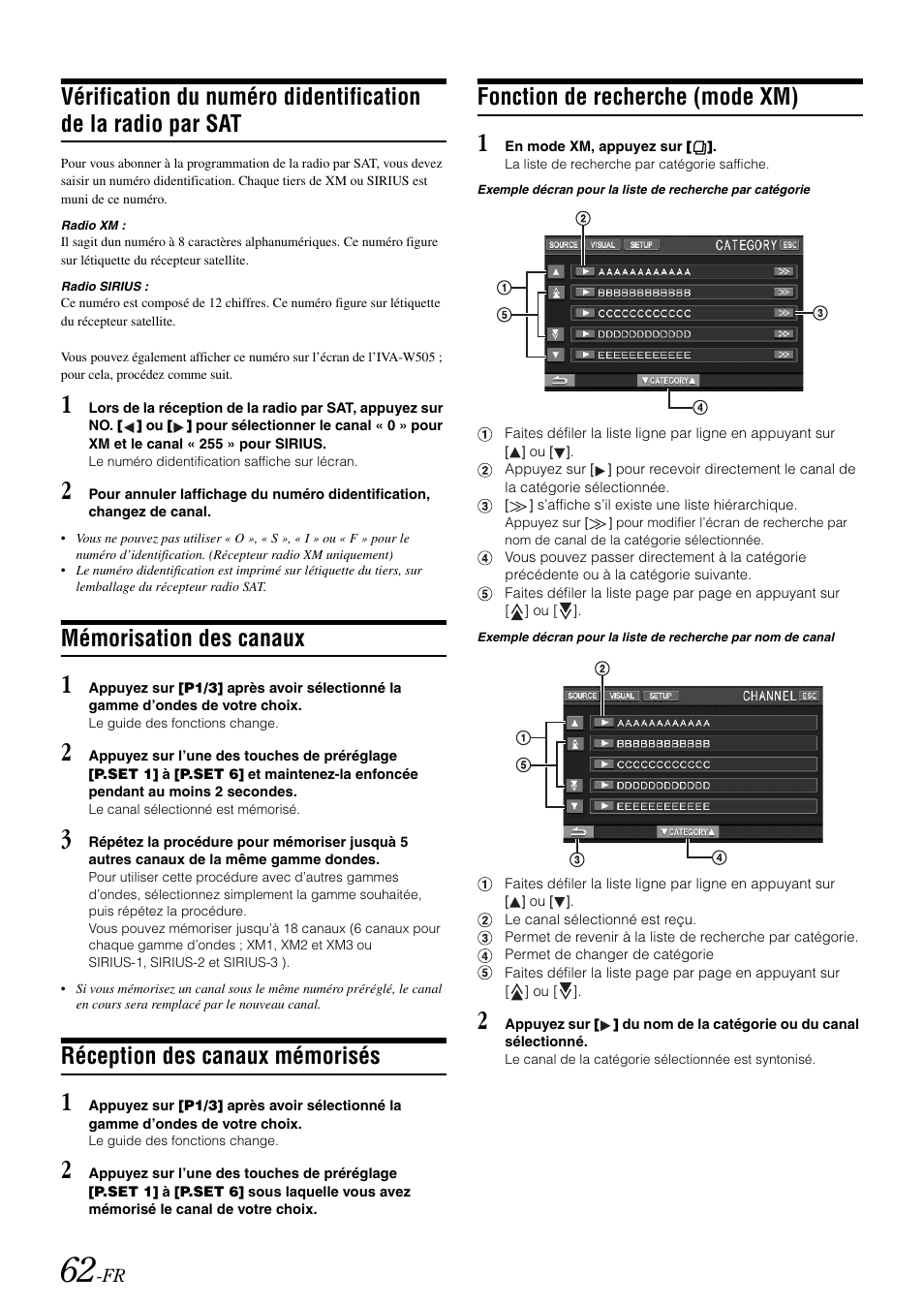 Mémorisation des canaux, Réception des canaux mémorisés, Fonction de recherche (mode xm) | Vérification du numéro didentification de la, Radio par sat | Alpine IVA-W505 User Manual | Page 159 / 284