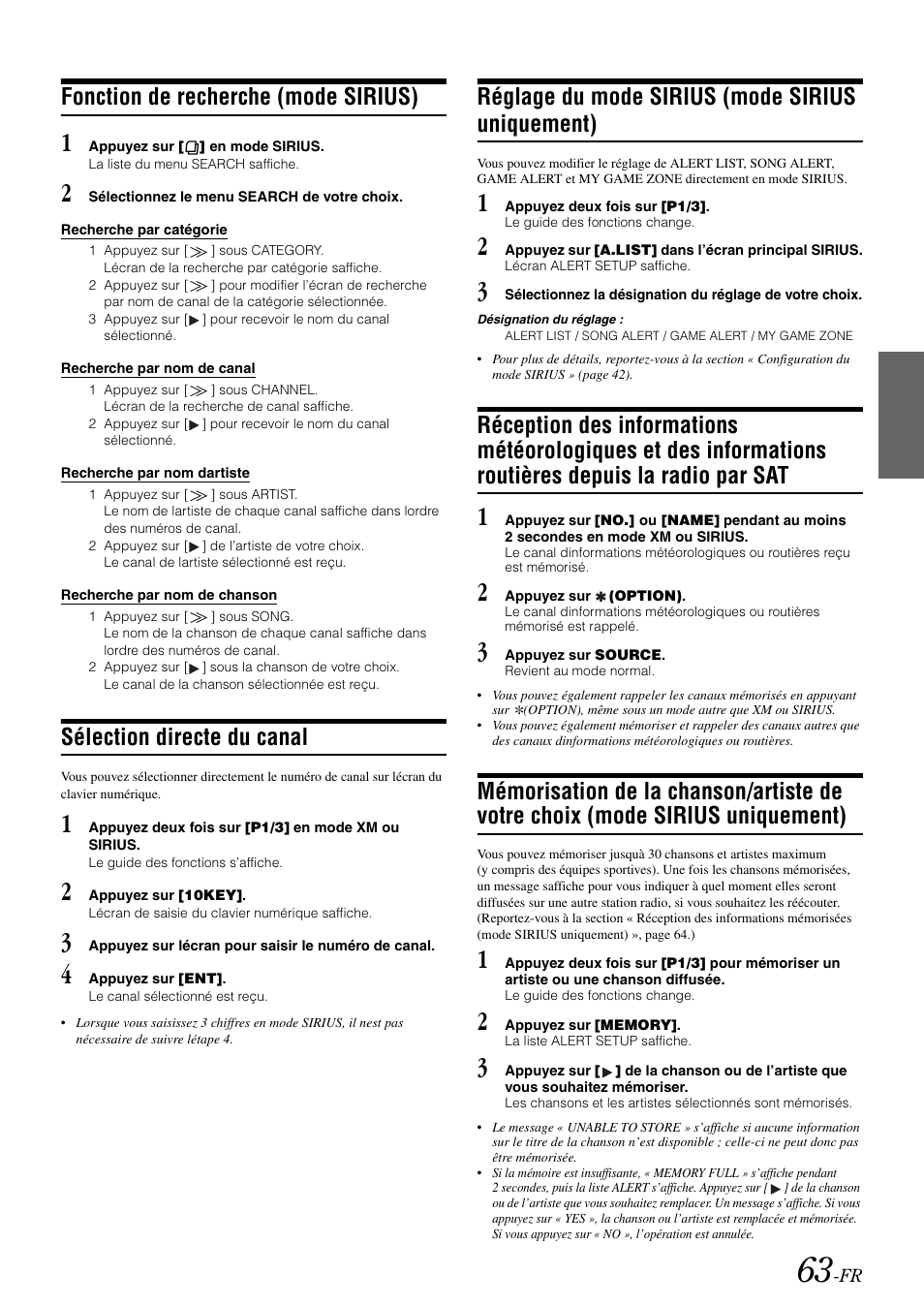 Fonction de recherche (mode sirius), Sélection directe du canal, Réglage du mode sirius (mode sirius uniquement) | Réglage du mode sirius, Mode sirius uniquement), Réception des informations météorologiques et, Des informations routières depuis la radio, Par sat, Mémorisation de la chanson/artiste de votre, Choix (mode sirius uniquement) | Alpine IVA-W505 User Manual | Page 160 / 284