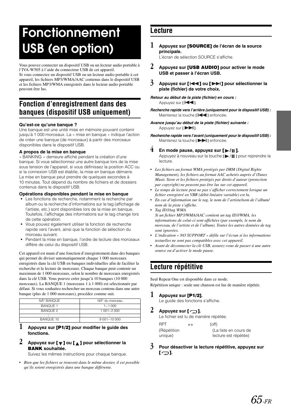 Fonctionnement usb (en option), Lecture, Lecture répétitive | Fonction d’enregistrement dans des banques, Dispositif usb uniquement) | Alpine IVA-W505 User Manual | Page 162 / 284