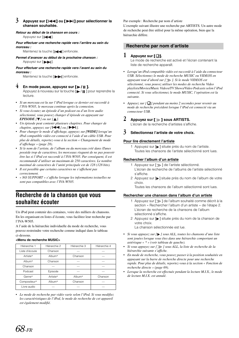 Recherche de la chanson que vous souhaitez écouter, Recherche par nom d’artiste, Recherche de la chanson que vous souhaitez | Écouter recherche par nom d’artiste | Alpine IVA-W505 User Manual | Page 165 / 284