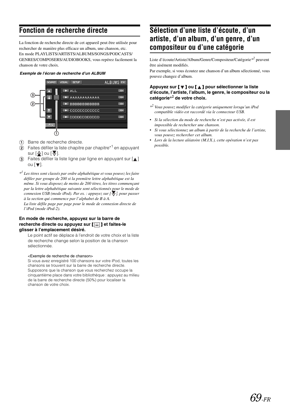 Fonction de recherche directe, Sélection d’une liste d’écoute, d’un artiste, d’un | Alpine IVA-W505 User Manual | Page 166 / 284
