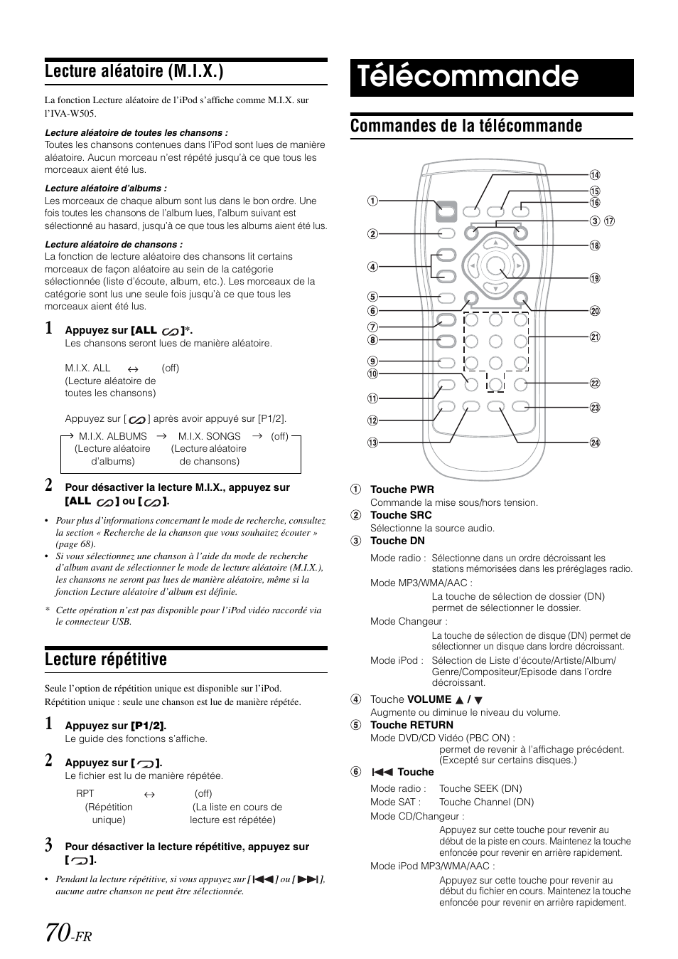 Lecture aléatoire (m.i.x.), Lecture répétitive, Télécommande | Commandes de la télécommande | Alpine IVA-W505 User Manual | Page 167 / 284