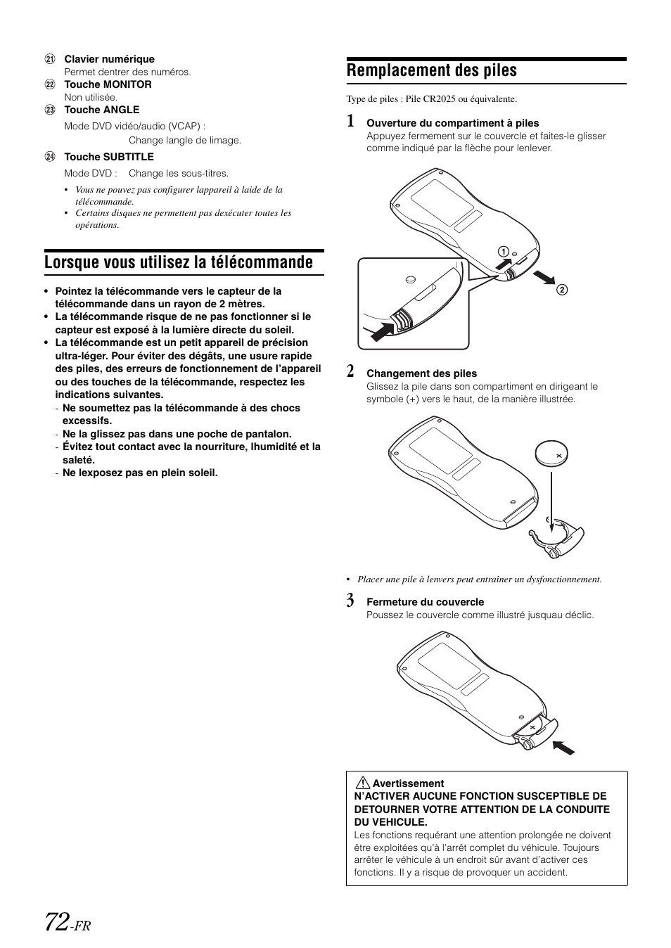 Lorsque vous utilisez la télécommande, Remplacement des piles | Alpine IVA-W505 User Manual | Page 169 / 284