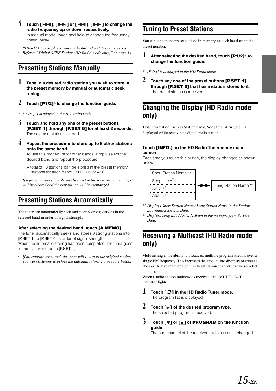 Presetting stations manually, Presetting stations automatically, Tuning to preset stations | Changing the display (hd radio mode only), Receiving a multicast (hd radio mode only), Changing the display, Hd radio mode only), Receiving a multicast | Alpine IVA-W505 User Manual | Page 17 / 284