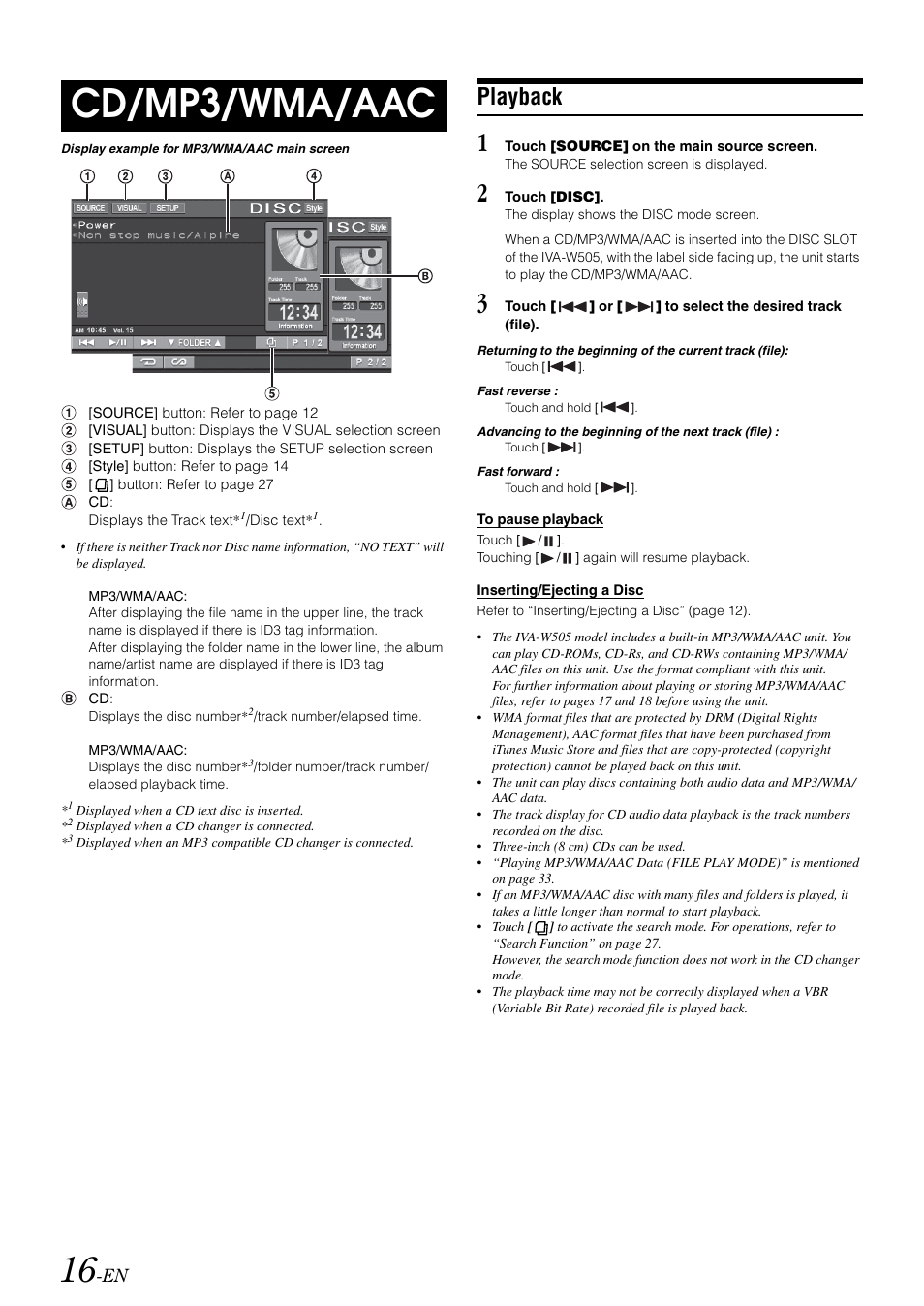 Cd/mp3/wma/aac, Playback | Alpine IVA-W505 User Manual | Page 18 / 284