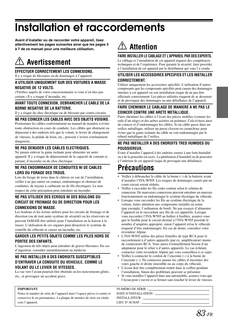 Installation et raccordements, Avertissement, Attention | Précautions | Alpine IVA-W505 User Manual | Page 180 / 284