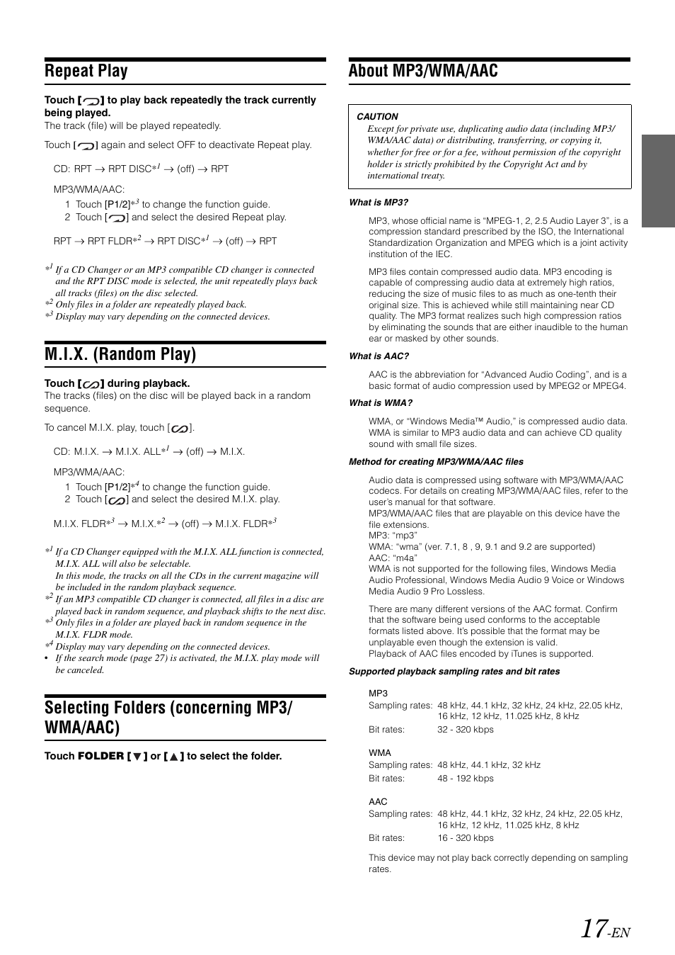 Repeat play, M.i.x. (random play), Selecting folders (concerning mp3/ wma/aac) | About mp3/wma/aac, Selecting folders, Concerning mp3/wma/aac) | Alpine IVA-W505 User Manual | Page 19 / 284