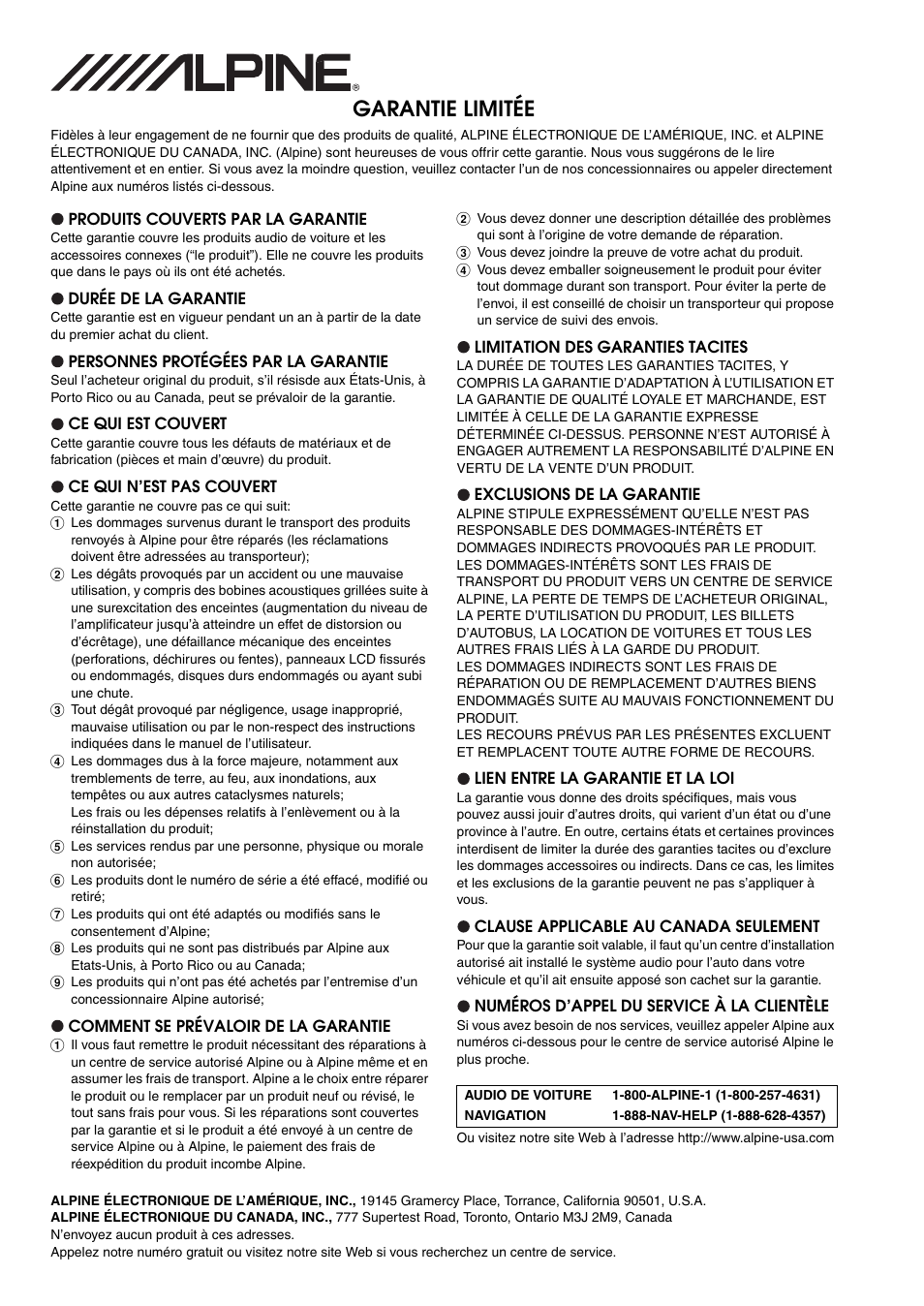 Garantie limitée | Alpine IVA-W505 User Manual | Page 190 / 284