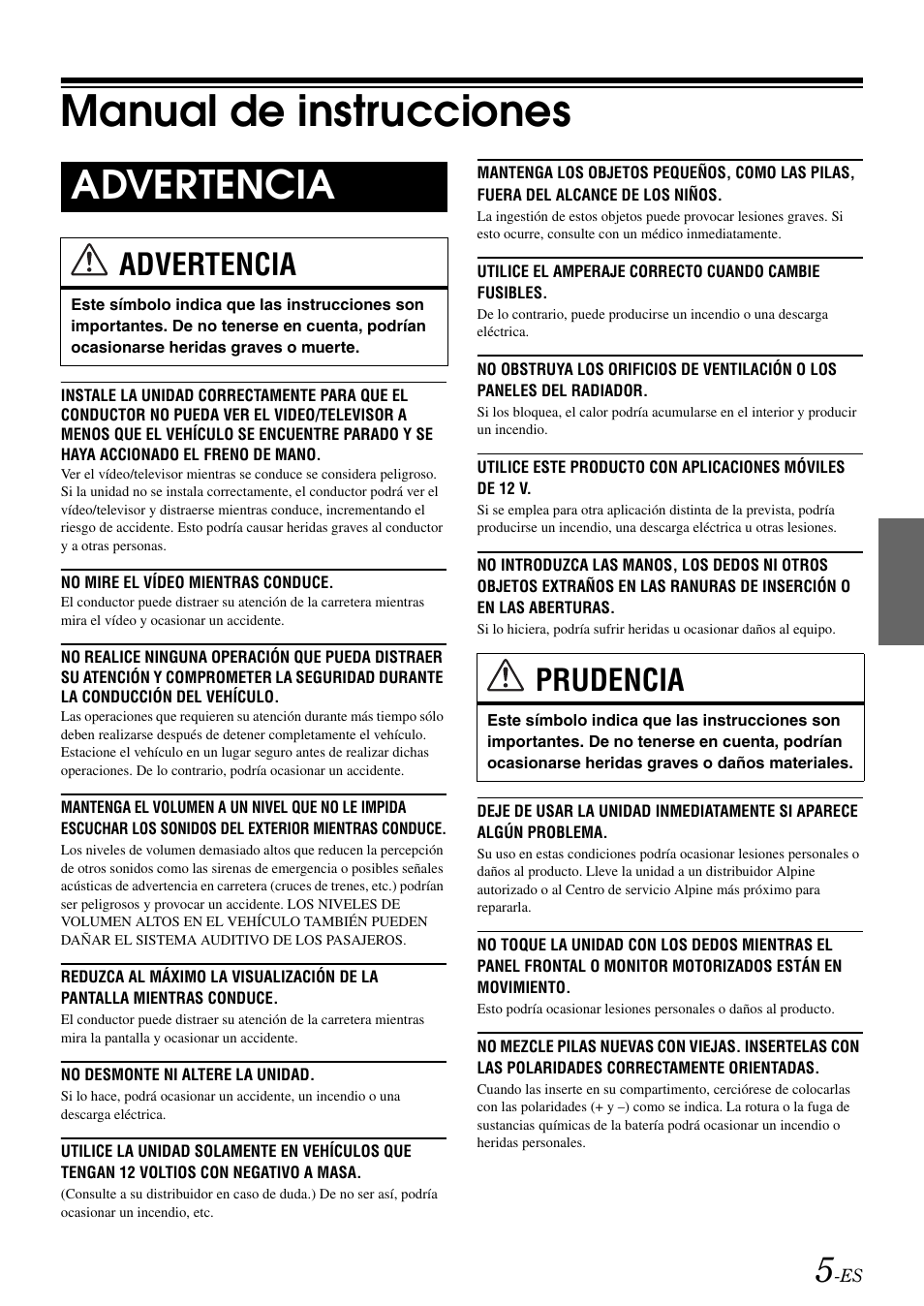 Manual de instrucciones, Advertencia, Prudencia | Alpine IVA-W505 User Manual | Page 197 / 284