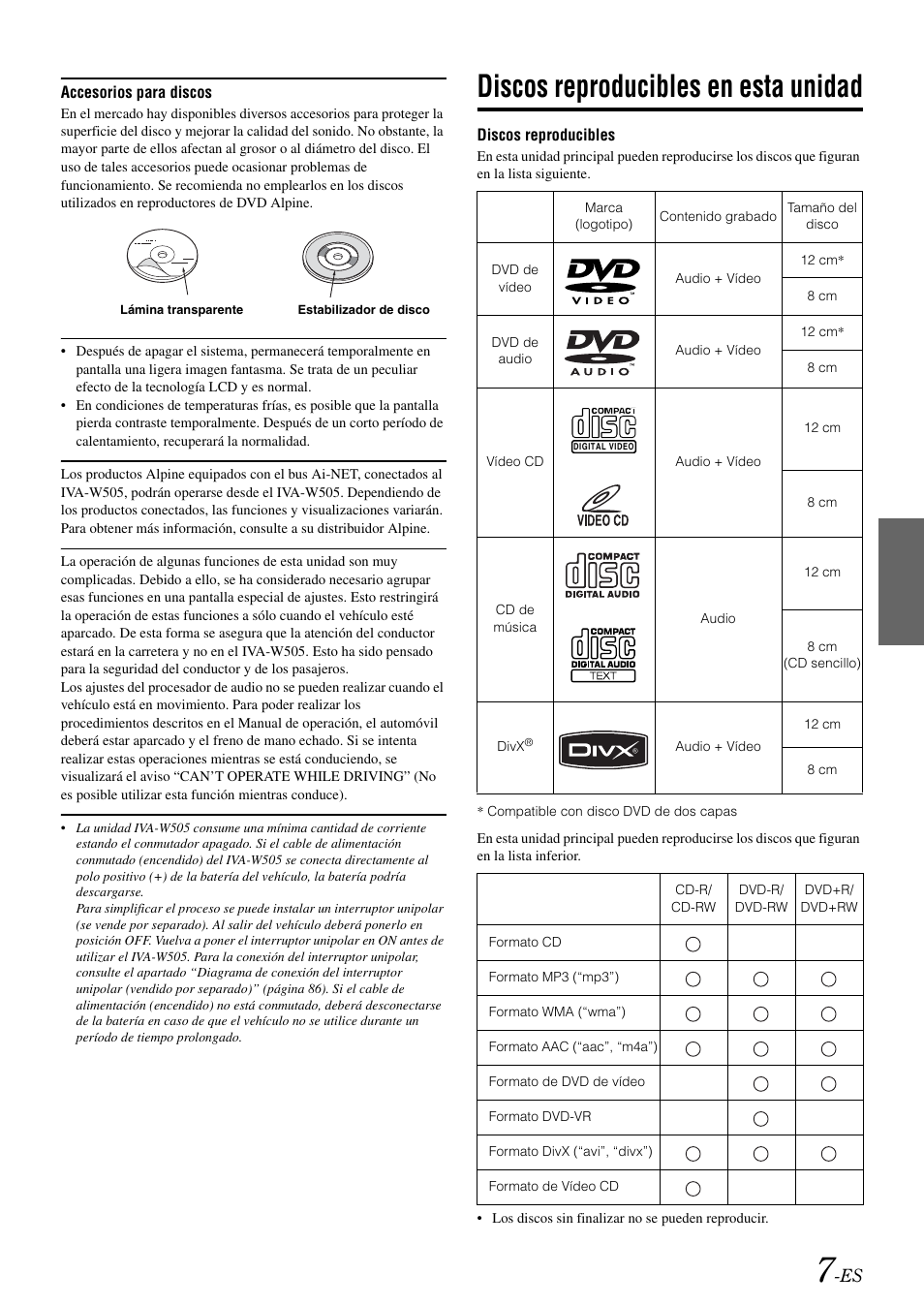 Discos reproducibles en esta unidad | Alpine IVA-W505 User Manual | Page 199 / 284