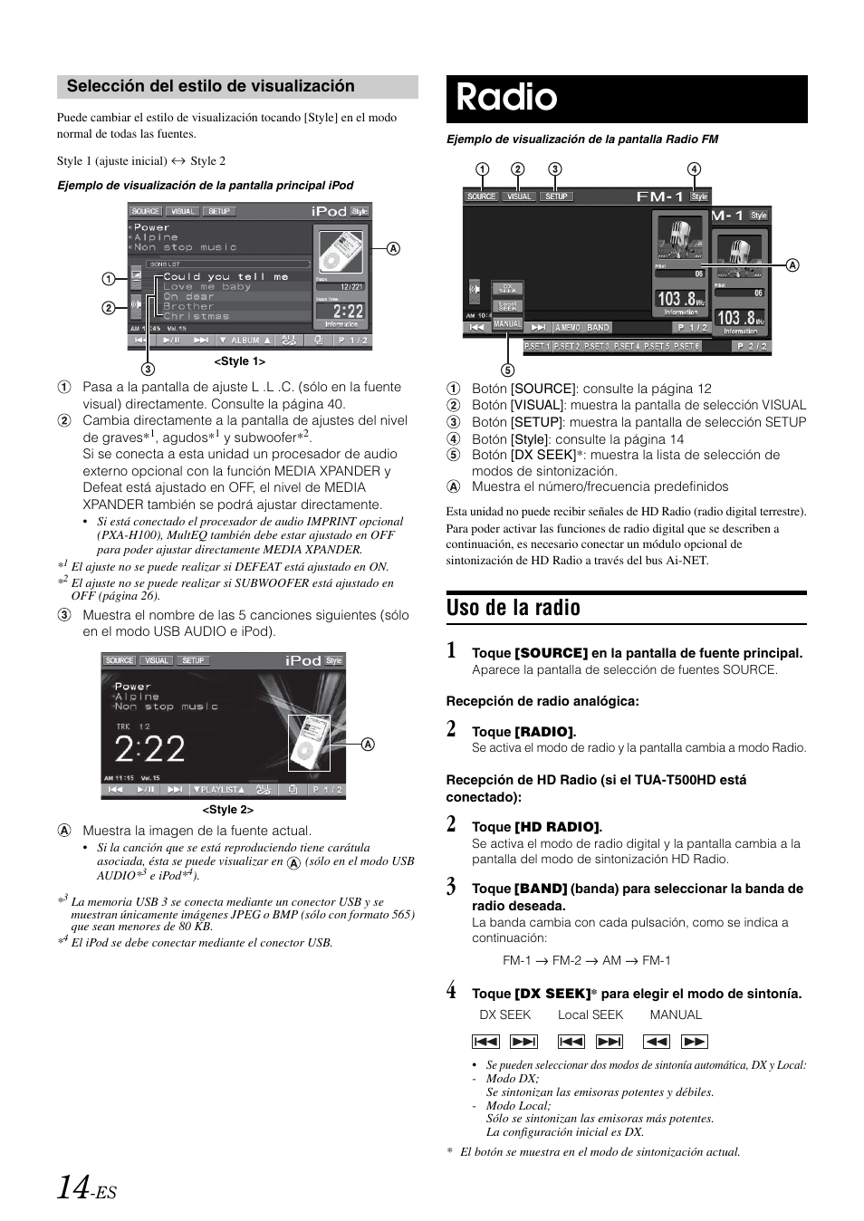 Selección del estilo de visualización, Radio, Uso de la radio | Alpine IVA-W505 User Manual | Page 206 / 284