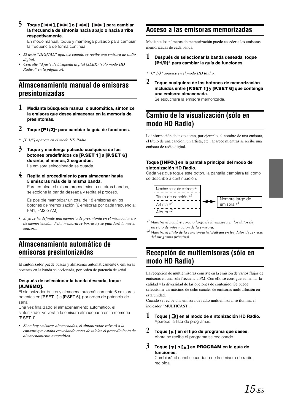 Almacenamiento manual de emisoras presintonizadas, Acceso a las emisoras memorizadas, Cambio de la visualización (sólo en modo hd radio) | Recepción de multiemisoras (sólo en modo hd radio), Almacenamiento manual de emisoras, Presintonizadas, Almacenamiento automático de emisoras, Cambio de la visualización, Sólo en modo hd radio), Recepción de multiemisoras | Alpine IVA-W505 User Manual | Page 207 / 284