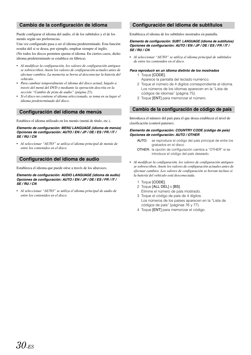 Cambio de la configuración de idioma, Configuración del idioma de menús, Configuración del idioma de audio | Configuración del idioma de subtítulos, Cambio de la configuración de código de país, De país | Alpine IVA-W505 User Manual | Page 222 / 284