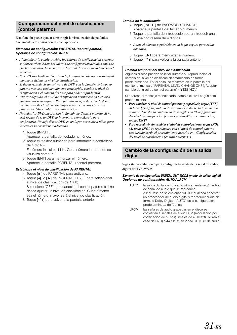 Cambio de la configuración de la salida digital, Configuración del nivel de clasificación, Control paterno) | Cambio de la configuración de la salida, Digital | Alpine IVA-W505 User Manual | Page 223 / 284