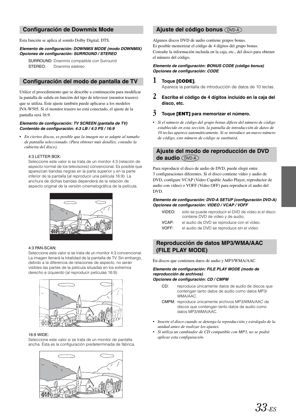 Configuración de downmix mode, Configuración del modo de pantalla de tv, Ajuste del código bonus | Ajuste del modo de reproducción de dvd de audio, Reproducción de datos mp3/wma/aac (file play mode), De tv, Dvd de audio | Alpine IVA-W505 User Manual | Page 225 / 284