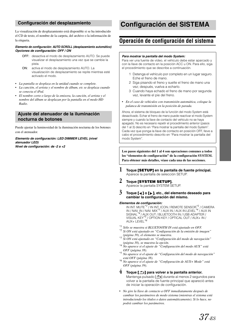 Configuración del desplazamiento, Configuración del sistema, Operación de configuración del sistema | Nocturna de botones | Alpine IVA-W505 User Manual | Page 229 / 284