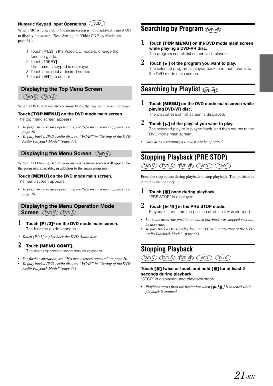 Displaying the top menu screen, Displaying the menu screen, Displaying the menu operation mode screen | Searching by program, Searching by playlist, Stopping playback (pre stop), Stopping playback, Screen | Alpine IVA-W505 User Manual | Page 23 / 284