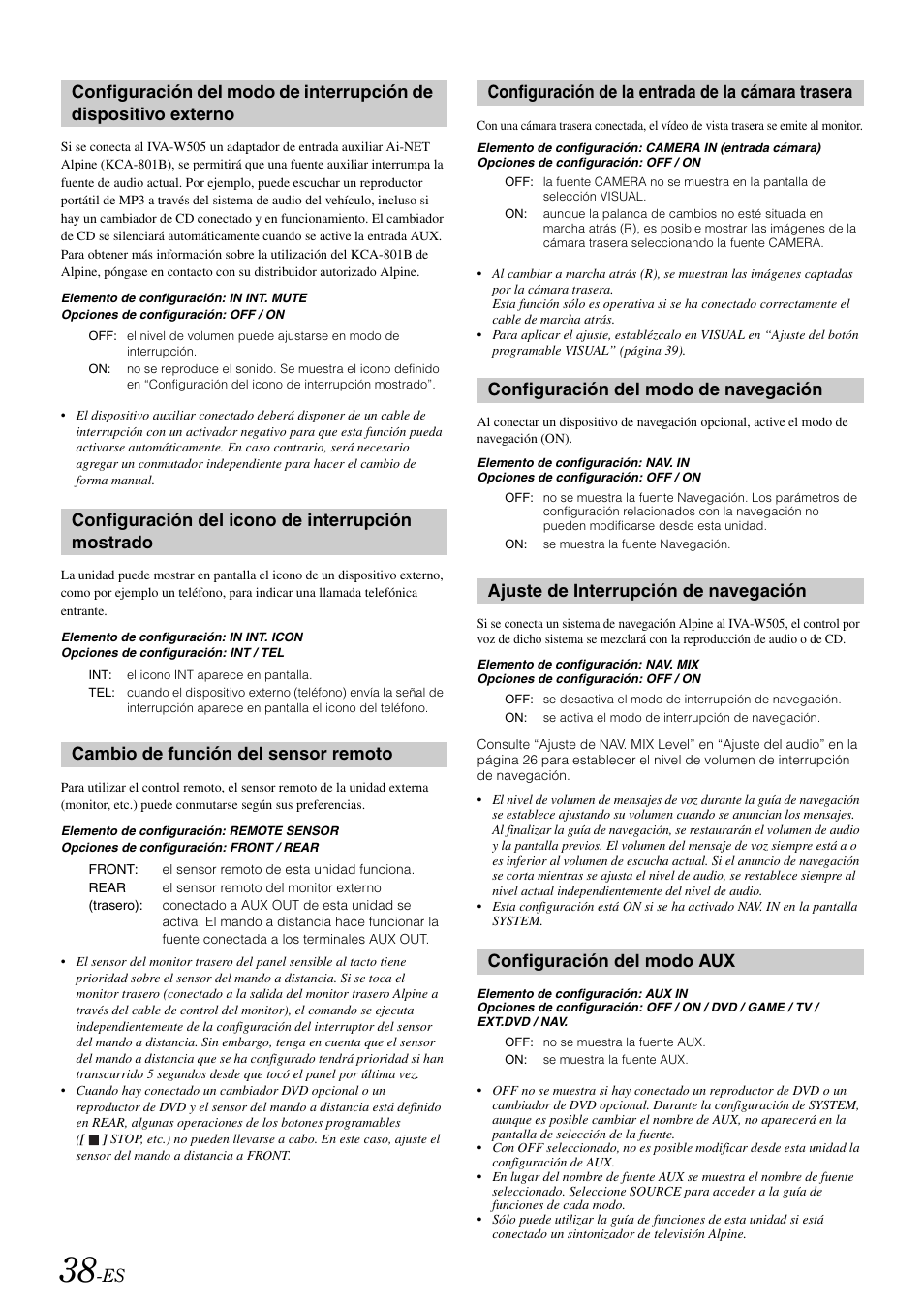 Configuración del icono de interrupción mostrado, Cambio de función del sensor remoto, Configuración de la entrada de la cámara trasera | Configuración del modo de navegación, Ajuste de interrupción de navegación, Configuración del modo aux, Configuración del modo de interrupción de, Dispositivo externo, Configuración del icono de interrupción, Mostrado | Alpine IVA-W505 User Manual | Page 230 / 284