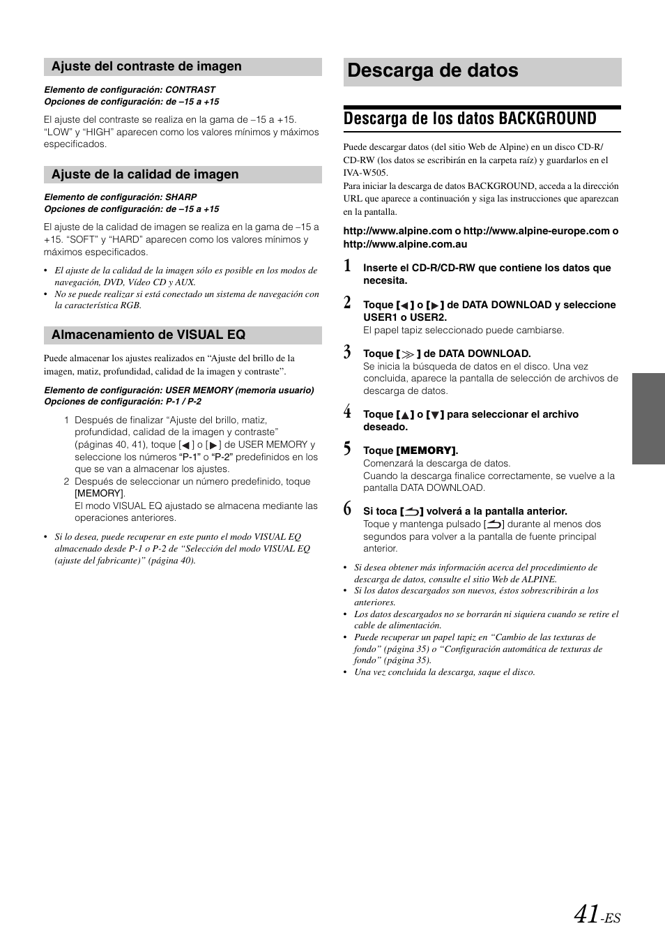 Ajuste del contraste de imagen, Ajuste de la calidad de imagen, Almacenamiento de visual eq | Descarga de datos, Descarga de los datos background | Alpine IVA-W505 User Manual | Page 233 / 284