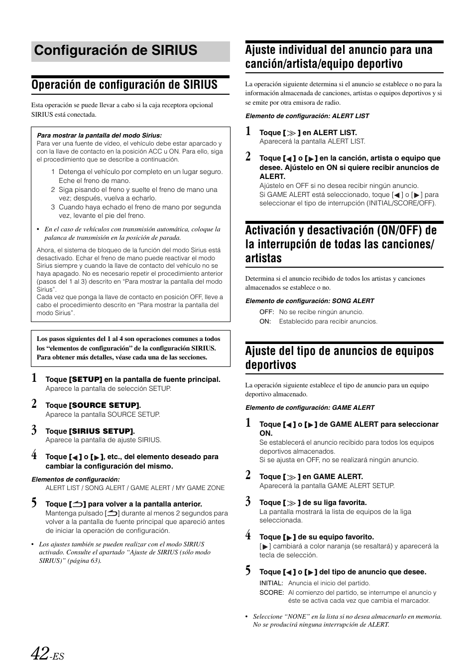 Configuración de sirius, Operación de configuración de sirius, Ajuste del tipo de anuncios de equipos deportivos | Ajuste individual del anuncio para una canción, Artista/equipo deportivo, Activación y desactivación (on/off) de la, Interrupción de todas las canciones, Artistas, Ajuste del tipo de anuncios de equipos, Deportivos | Alpine IVA-W505 User Manual | Page 234 / 284