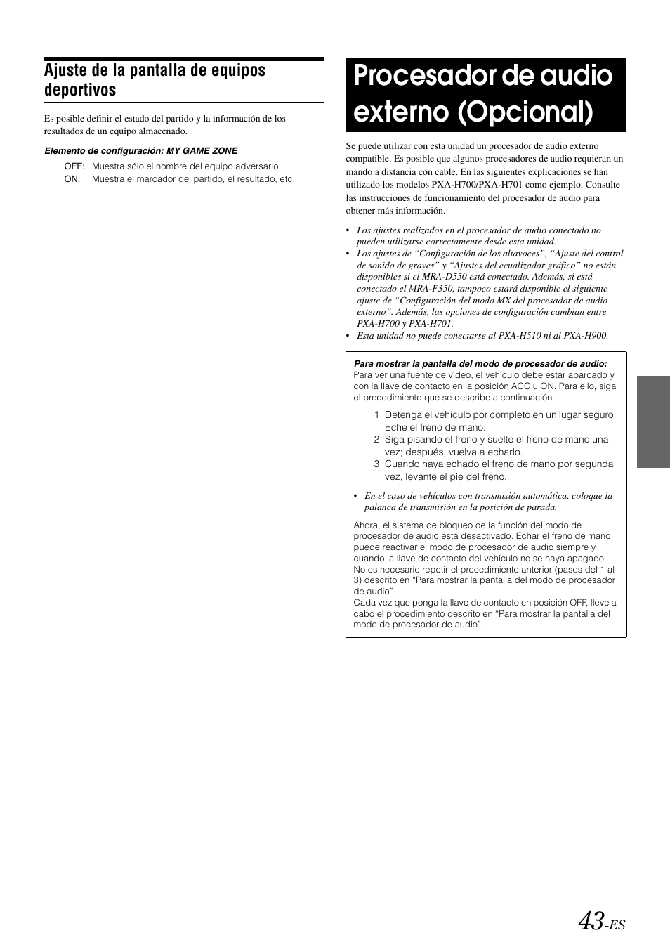Ajuste de la pantalla de equipos deportivos, Procesador de audio externo (opcional) | Alpine IVA-W505 User Manual | Page 235 / 284