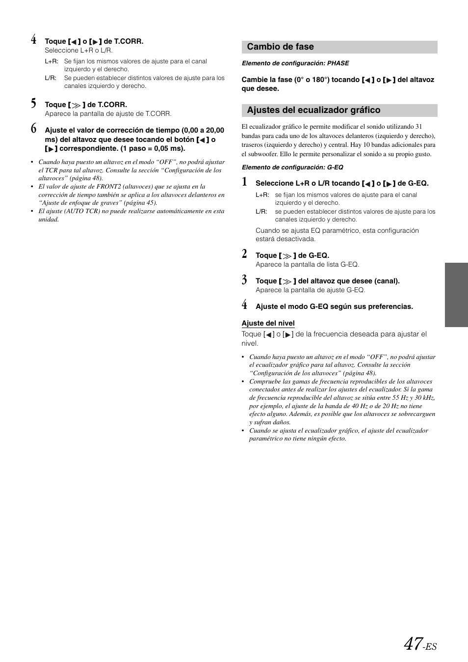 Cambio de fase, Ajustes del ecualizador gráfico | Alpine IVA-W505 User Manual | Page 239 / 284