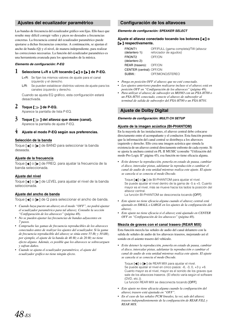 Ajustes del ecualizador paramétrico, Configuración de los altavoces, Ajuste de dolby digital | Alpine IVA-W505 User Manual | Page 240 / 284