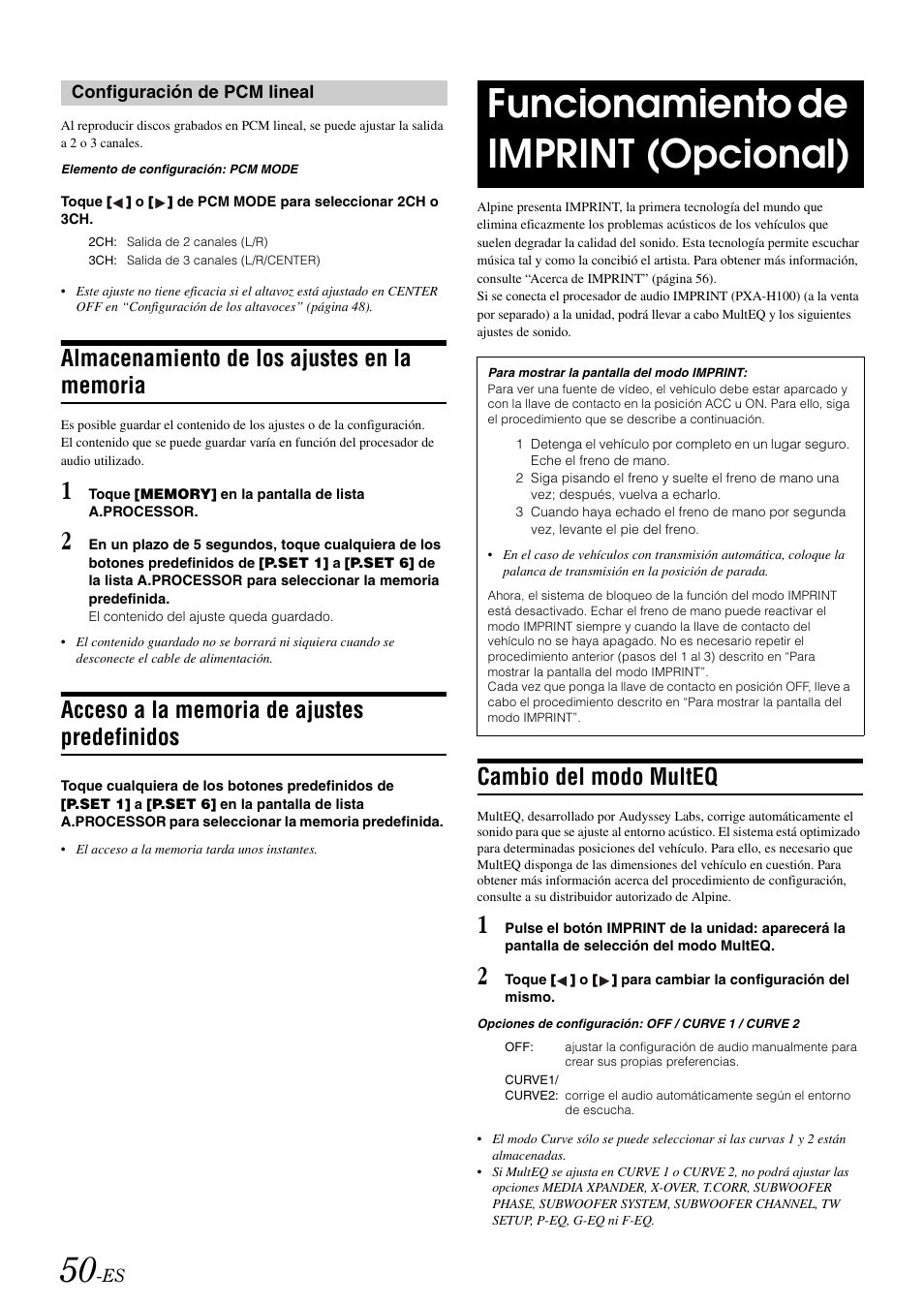 Configuración de pcm lineal, Almacenamiento de los ajustes en la memoria, Acceso a la memoria de ajustes predefinidos | Funcionamiento de imprint (opcional), Cambio del modo multeq, Almacenamiento de los ajustes en la, Memoria, Acceso a la memoria de ajustes, Predefinidos | Alpine IVA-W505 User Manual | Page 242 / 284