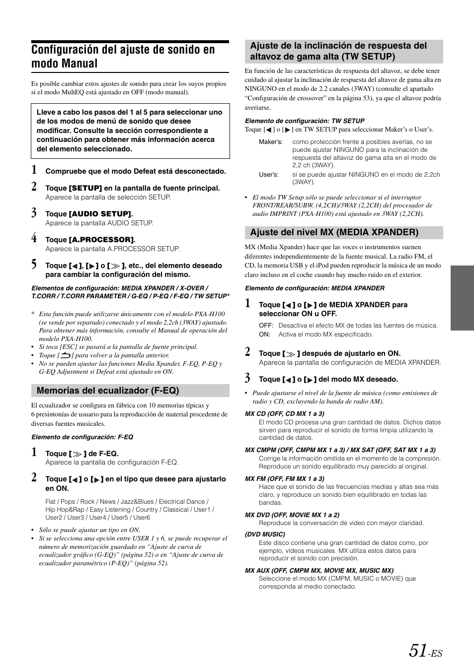 Configuración del ajuste de sonido en modo manual, Memorias del ecualizador (f-eq), Ajuste del nivel mx (media xpander) | Configuración del ajuste de sonido en modo, De gama alta (tw setup), Ajuste del nivel mx, Media xpander) | Alpine IVA-W505 User Manual | Page 243 / 284