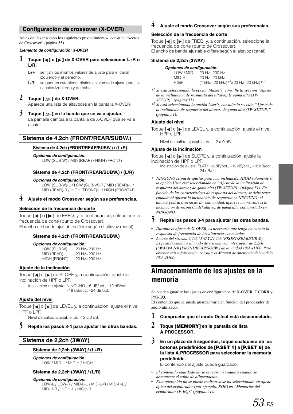 Configuración de crossover (x-over), Sistema de 4.2ch (front/rear/subw.), Sistema de 2,2ch (3way) | Almacenamiento de los ajustes en la memoria, Almacenamiento de los ajustes en la, Memoria | Alpine IVA-W505 User Manual | Page 245 / 284