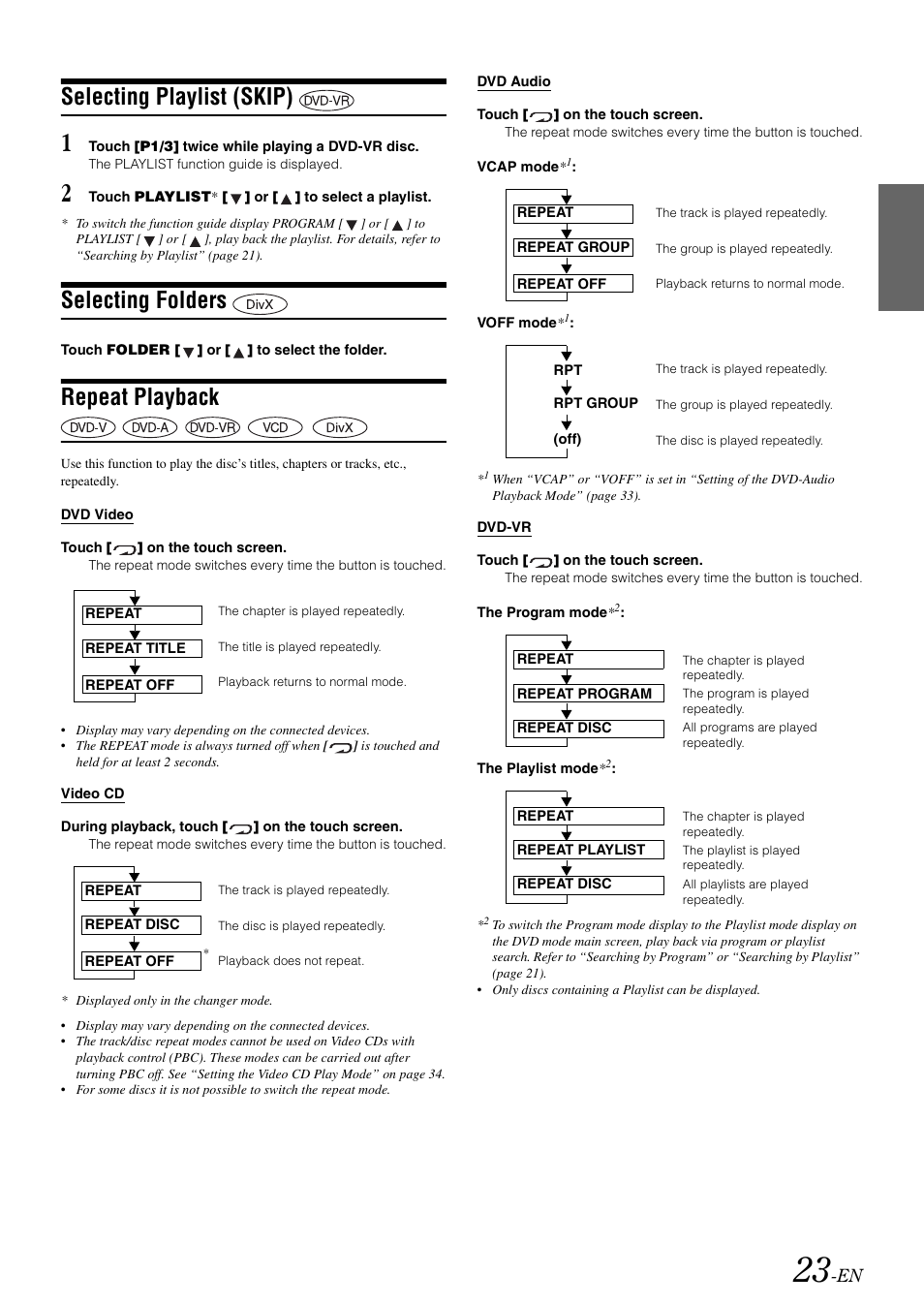 Selecting playlist (skip), Selecting folders, Repeat playback | Alpine IVA-W505 User Manual | Page 25 / 284