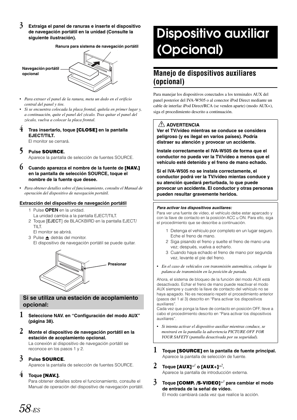 Dispositivo auxiliar (opcional), Manejo de dispositivos auxiliares (opcional), Manejo de dispositivos auxiliares | Opcional) | Alpine IVA-W505 User Manual | Page 250 / 284