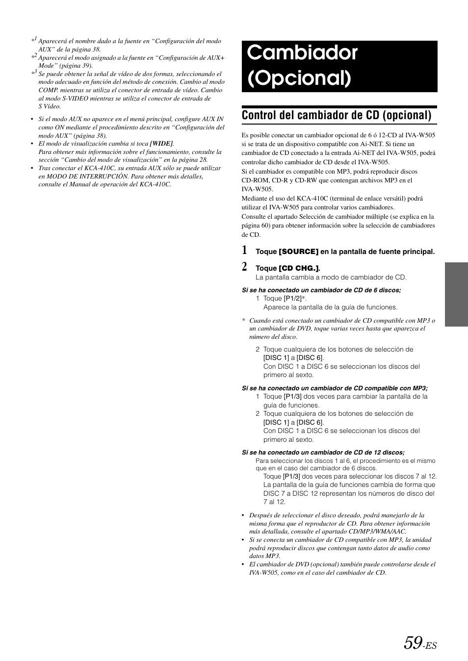 Cambiador (opcional), Control del cambiador de cd (opcional) | Alpine IVA-W505 User Manual | Page 251 / 284