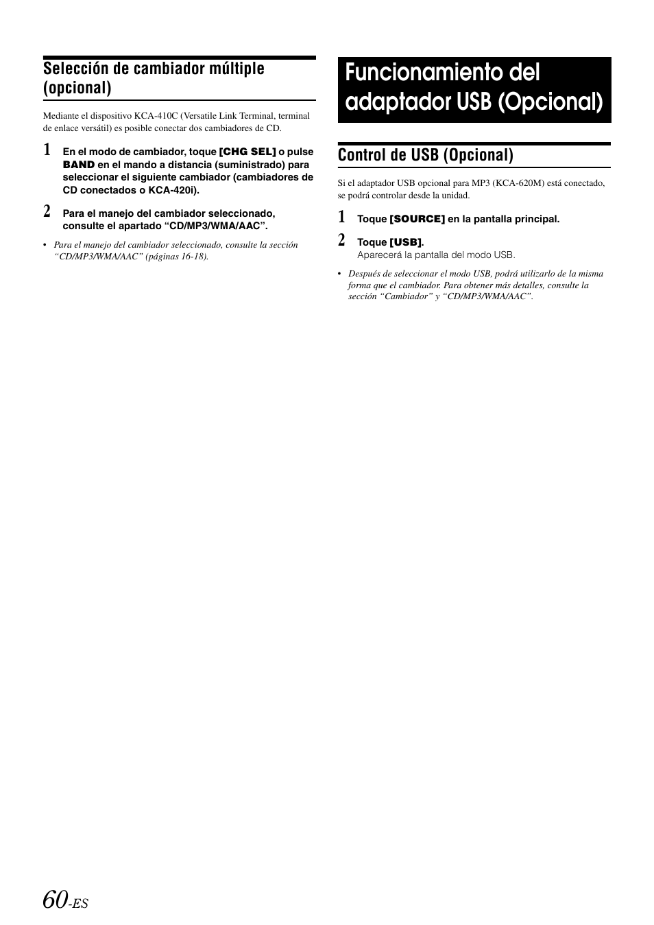 Selección de cambiador múltiple (opcional), Funcionamiento del adaptador usb (opcional), Control de usb (opcional) | Selección de cambiador múltiple, Opcional), Funcionamiento del adaptador usb | Alpine IVA-W505 User Manual | Page 252 / 284