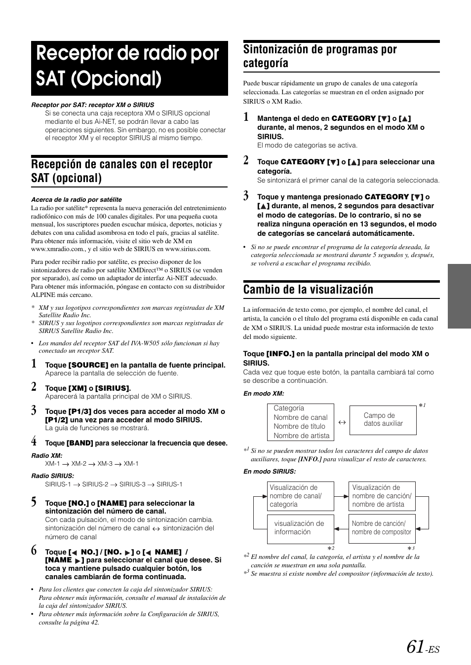 Receptor de radio por sat (opcional), Sintonización de programas por categoría, Cambio de la visualización | Recepción de canales con el receptor, Sat (opcional) | Alpine IVA-W505 User Manual | Page 253 / 284