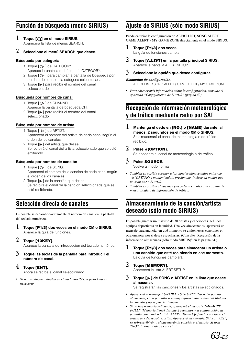 Función de búsqueda (modo sirius), Selección directa de canales, Ajuste de sirius (sólo modo sirius) | Recepción de información meteorológica y de, Tráfico mediante radio por sat, Almacenamiento de la canción/artista deseado, Sólo modo sirius) | Alpine IVA-W505 User Manual | Page 255 / 284