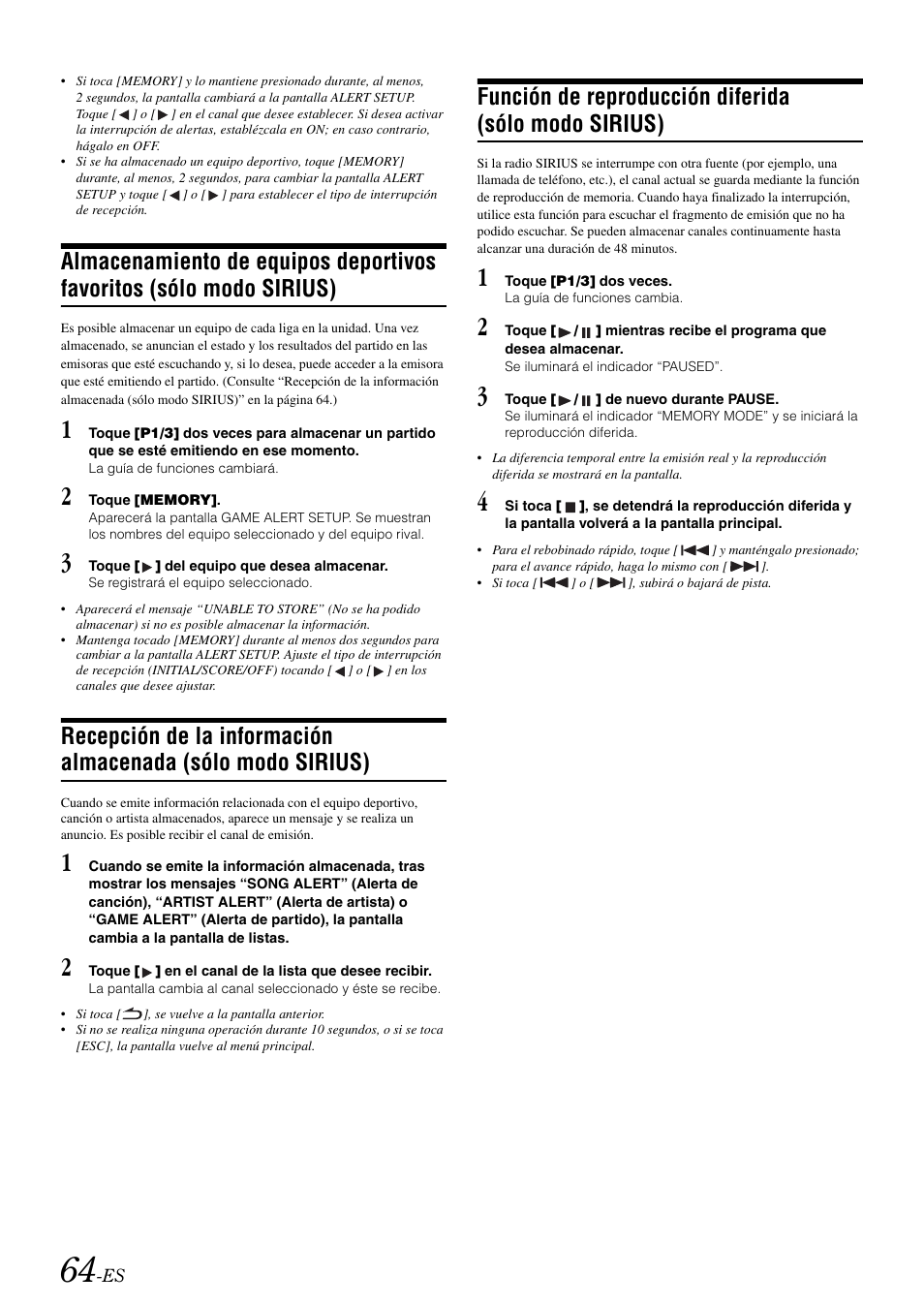 Almacenamiento de equipos deportivos favoritos, Sólo modo sirius), Recepción de la información almacenada | Función de reproducción diferida | Alpine IVA-W505 User Manual | Page 256 / 284