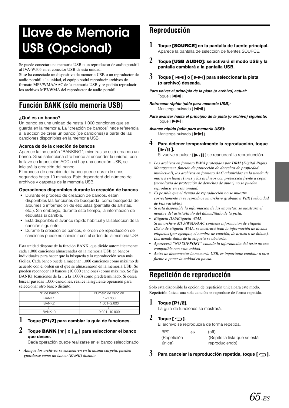 Llave de memoria usb (opcional), Función bank (sólo memoria usb), Reproducción | Repetición de reproducción | Alpine IVA-W505 User Manual | Page 257 / 284