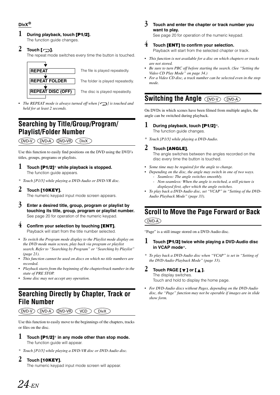 Switching the angle, Searching by title/group/program/playlist, Folder number | Searching directly by chapter, track or file, Number, Scroll to move the page forward or back | Alpine IVA-W505 User Manual | Page 26 / 284