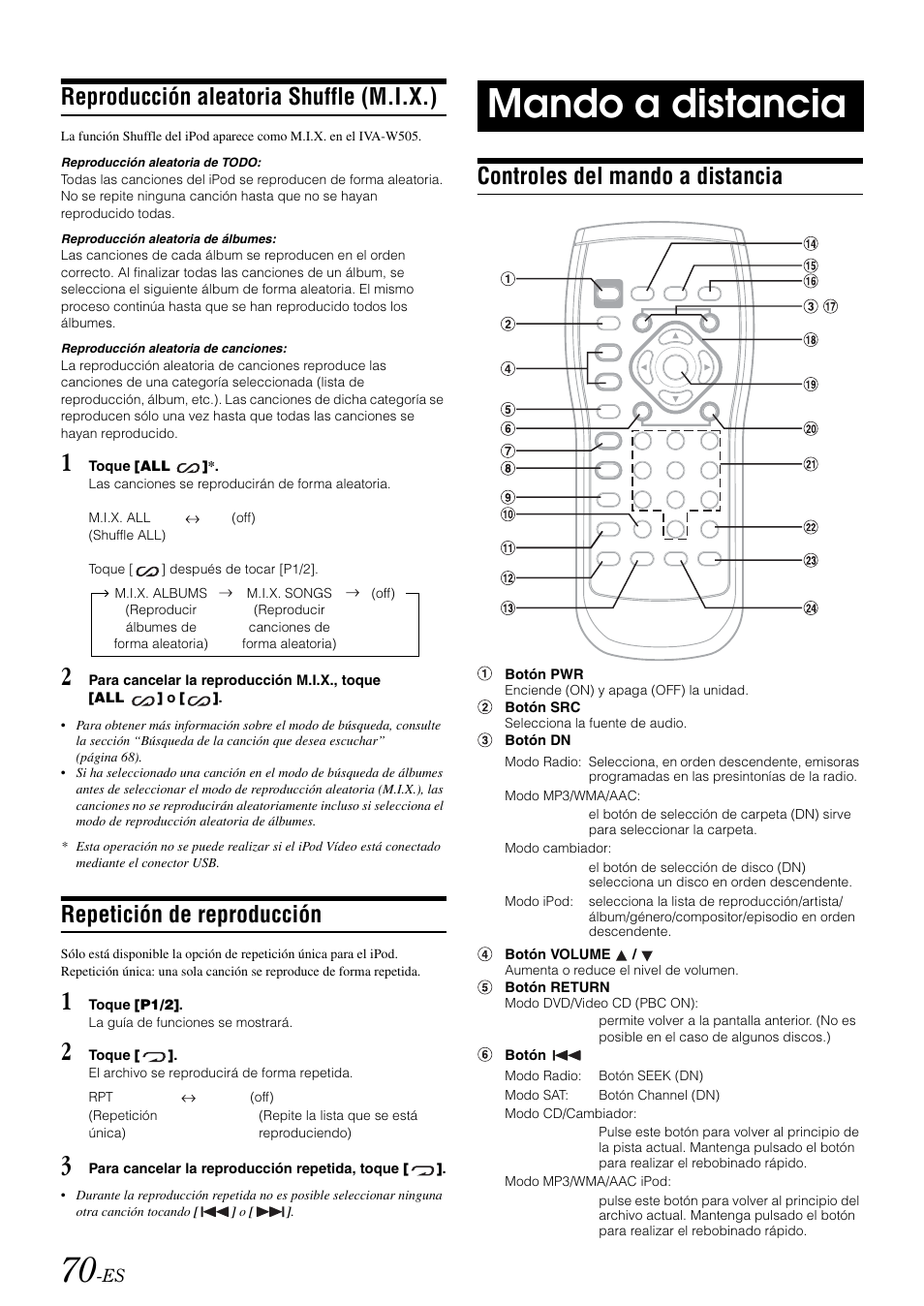 Reproducción aleatoria shuffle (m.i.x.), Repetición de reproducción, Mando a distancia | Controles del mando a distancia | Alpine IVA-W505 User Manual | Page 262 / 284