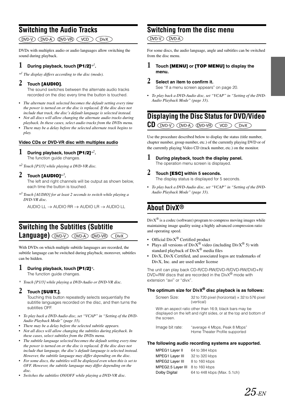 Switching the audio tracks, Switching the subtitles (subtitle language), Switching from the disc menu | Displaying the disc status for dvd/video cd, About divx, Switching the subtitles, Subtitle language), Displaying the disc status for, Dvd/video cd | Alpine IVA-W505 User Manual | Page 27 / 284