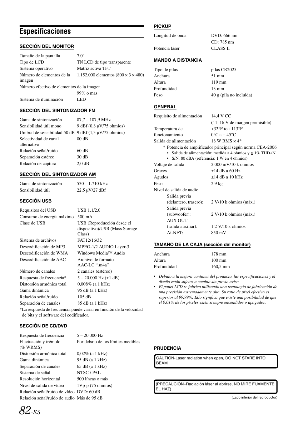 Especificaciones | Alpine IVA-W505 User Manual | Page 274 / 284